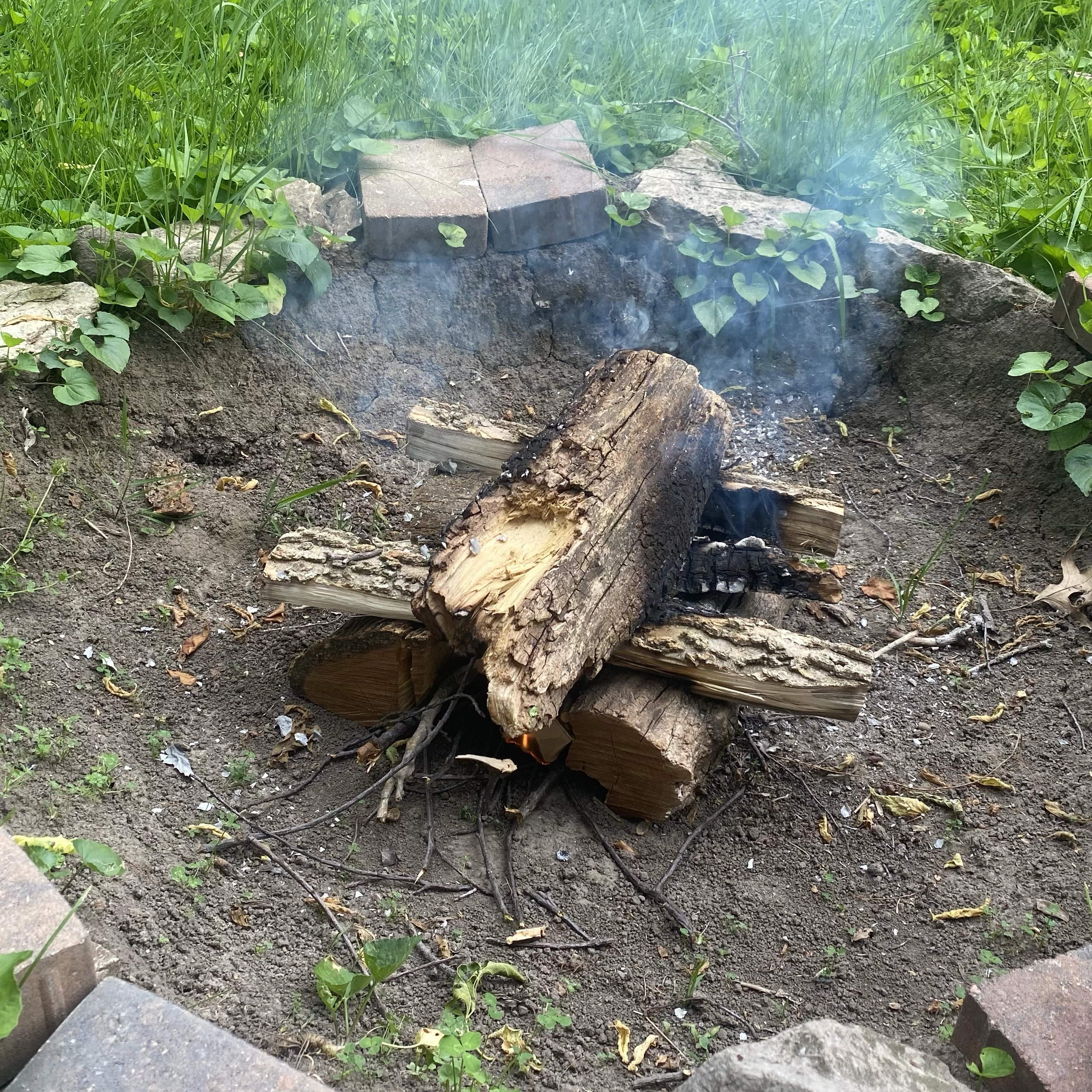 Outdoor firepit with a just-started fire in it.