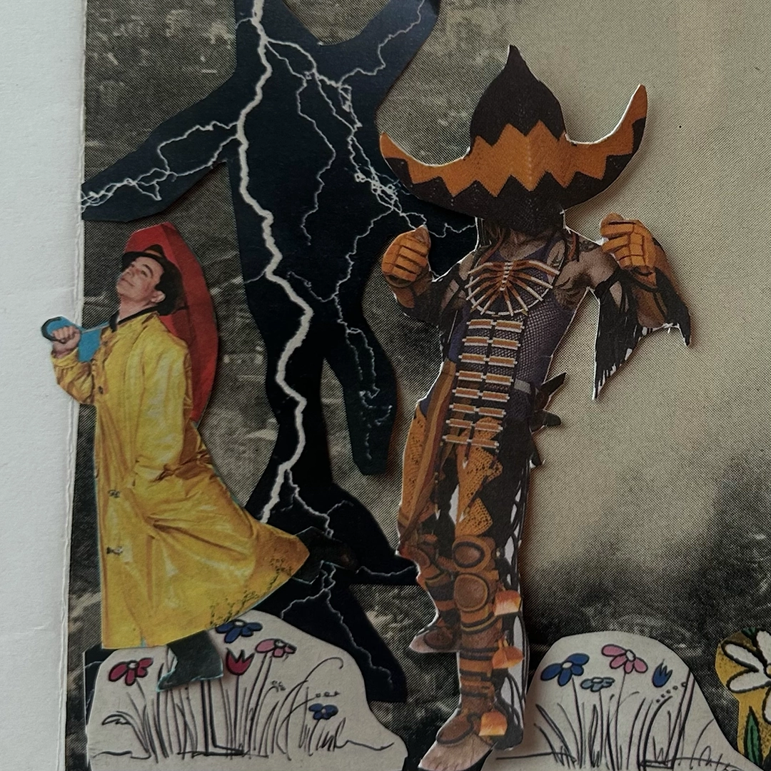 Collage of a destroyed city with a lightning strike. A person stands happily under an umbrella and another person wears buffalo regalia by Cannupa Hanska Luger